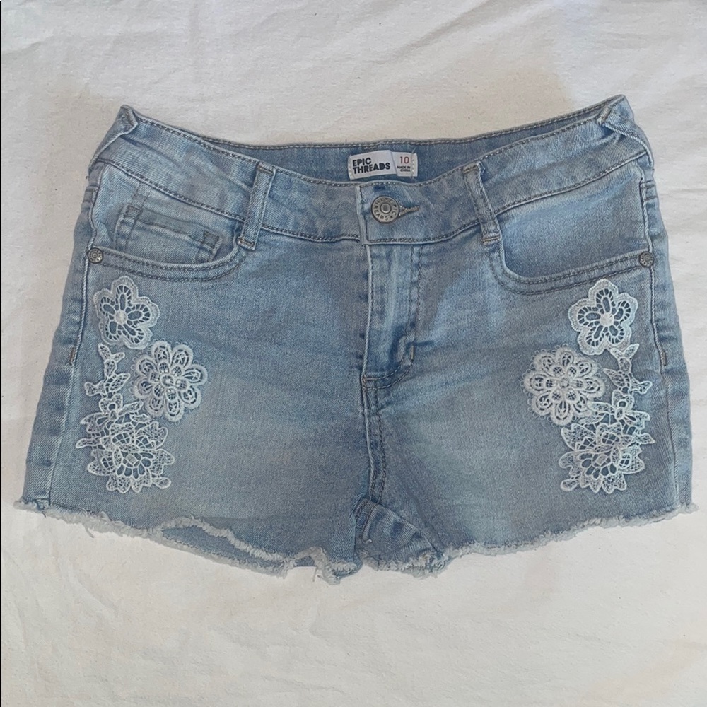 Epic Threads Blue Jean Shorts with Floral Embroidery